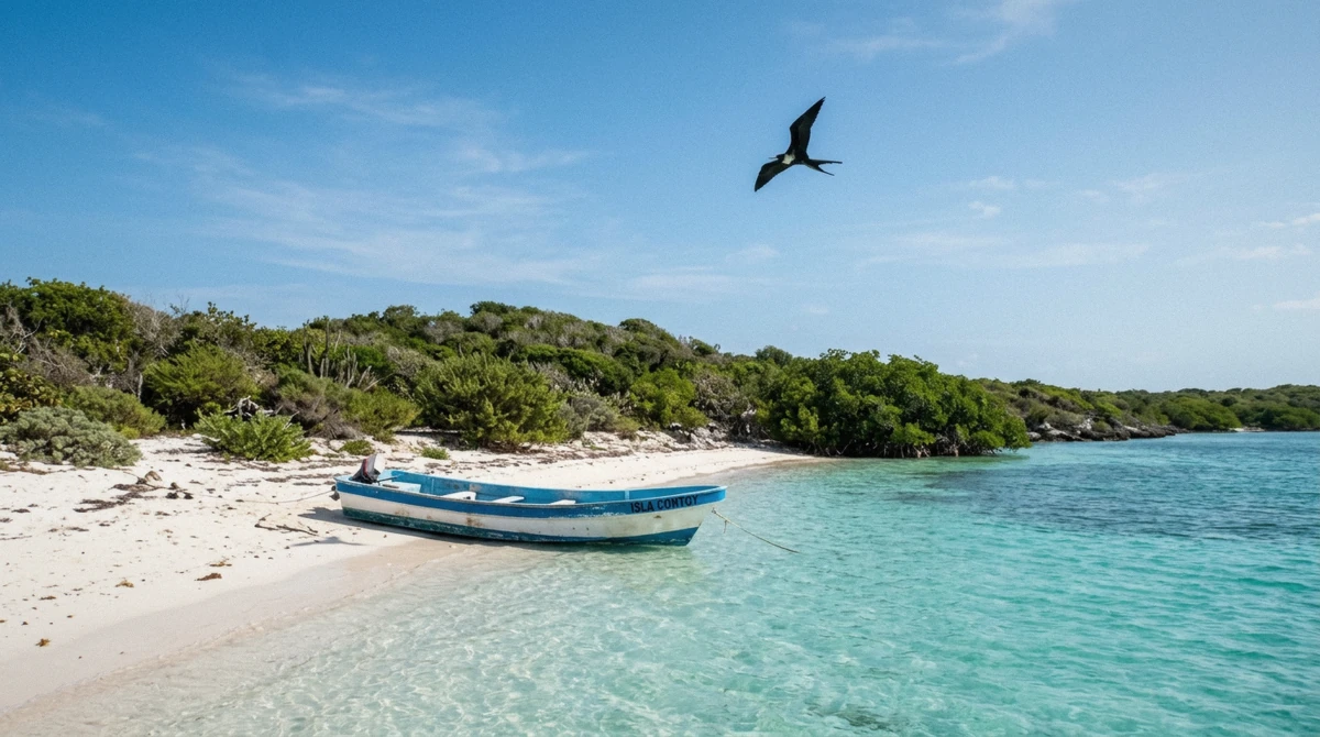 Tour boat on the beach of Isla Contoy with a frigatebird overhead on an Isla Contoy tour
