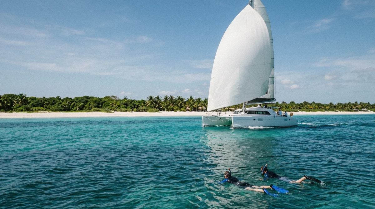 Catamaran with its spinnaker up off Maroma Beach on a Maroma Beach catamaran snorkel trip