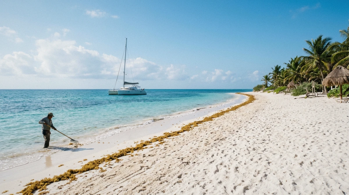 Thin line of sargassum on a Riviera Maya beach with a catamaran anchored offshore, sargassum in Playa del Carmen