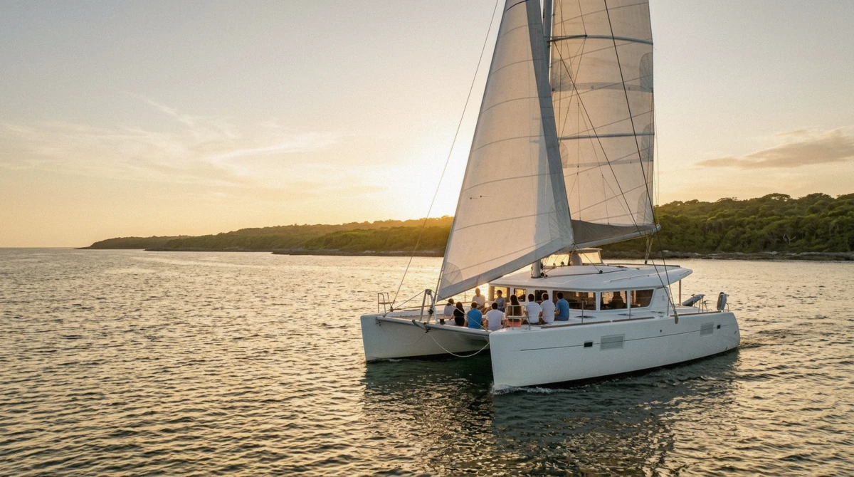 Sailing catamaran along the Riviera Maya coast in golden evening light on a Playa del Carmen sunset cruise