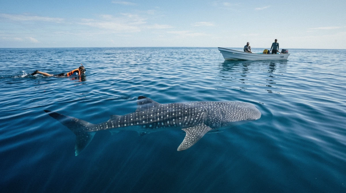 Whale shark near the surface with a snorkeler keeping distance on a whale shark tour from Playa del Carmen